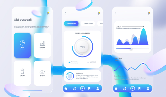 Três telas de um aplicativo móvel com design moderno, incluindo gráficos de progresso e análise de dados, ícones de serviços, e gráficos de tendências, todos em tons de azul e branco com formas abstratas ao fundo.