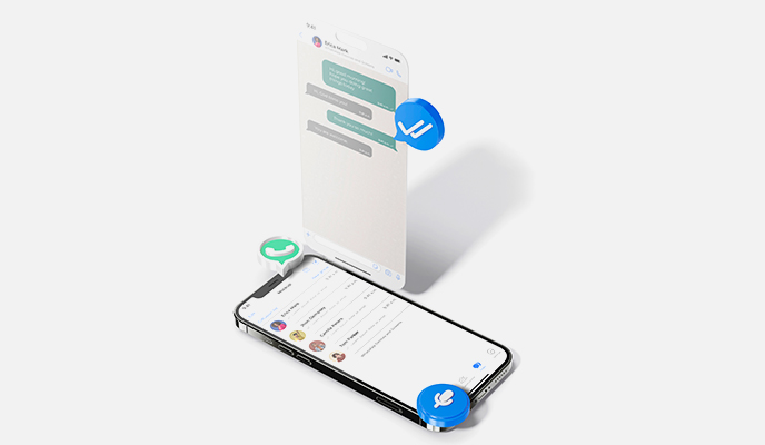 Dois smartphones sobre um fundo neutro mostrando uma interface de aplicativo de chat, com ícones de mensagem e marca de verificação, simbolizando comunicação digital.