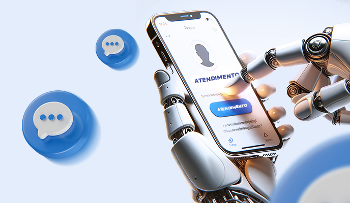 Mão robótica segurando um smartphone com tela de atendimento ao cliente, cercada por ícones de balões de fala, simbolizando suporte e comunicação, em um fundo claro