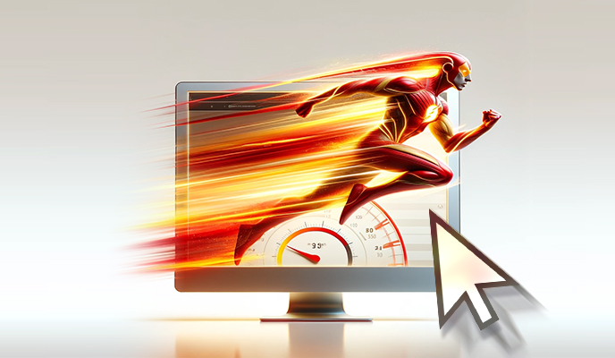 Monitor de computador exibindo ilustração estilizada do super-herói Flash correndo em alta velocidade, com rastros de luz vermelha e amarela e um velocímetro indicando velocidade alta, ao lado de um cursor de mouse, sobre um fundo neutro.