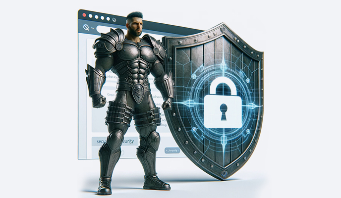 Personagem em armadura futurista ao lado de um escudo digital com um cadeado, simbolizando segurança cibernética, sobre o fundo de uma interface de navegador de internet