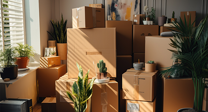 Sala cheia de caixas de mudança empilhadas, com plantas e itens decorativos ao redor